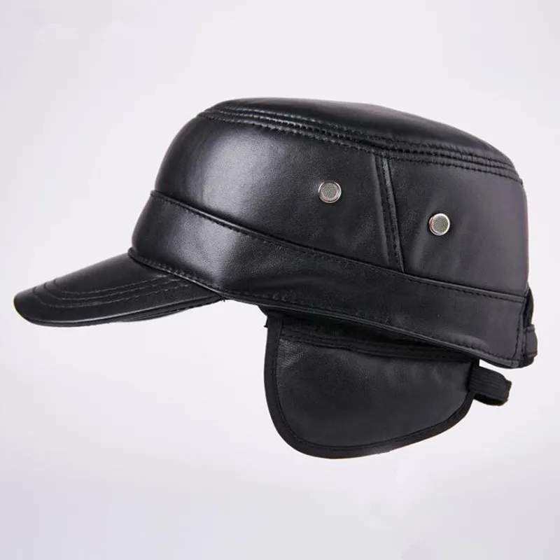 2024 Autumn Winter Men\'s Flat Cap Genuine Leather Hats Warm Military Hats Snapback Cap Adjustable Size Leather Cap Black Cap