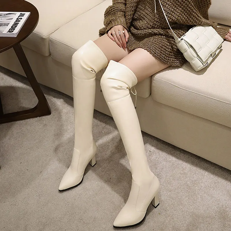 Sgesvier Fashion Over Knee Boots Women Pointed Toe Elastic Stretch Thick Heel Boots Shoes Woman Autumn Party Dress Boots Mujer