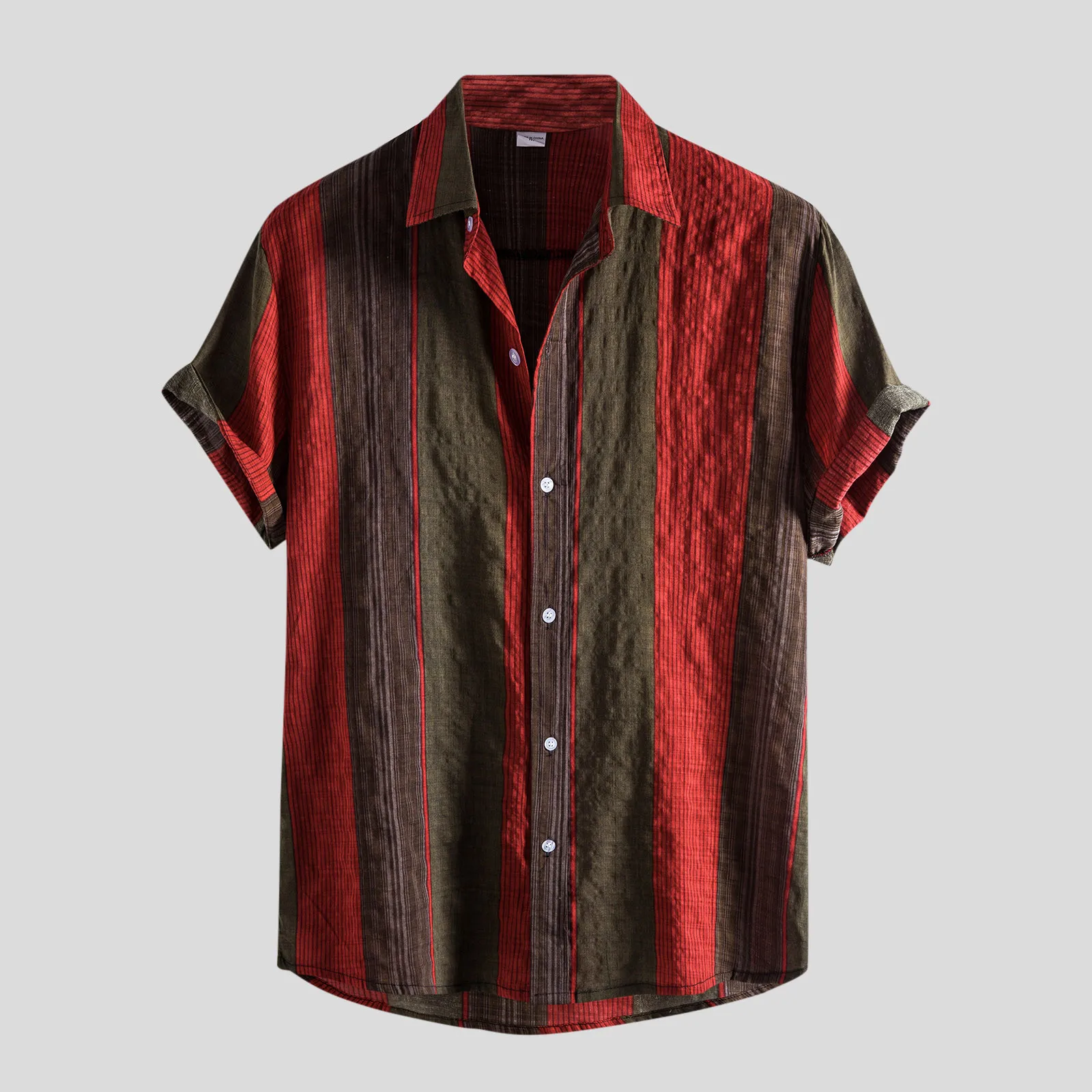 

2021 New Men's Shirt Casual Contrast Stripe Shirt Short Sleeve Button Turn-down Collar Red Shirt Cardigan Гавайская Рубашка