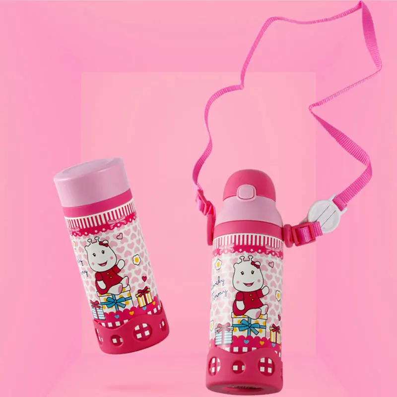 PINKAH Children's Cartoon Thermos Cup 304 Stainless Steel With Straw Dual-Purpose Water Bottle Portable Strap Vacuum Flask 500ml