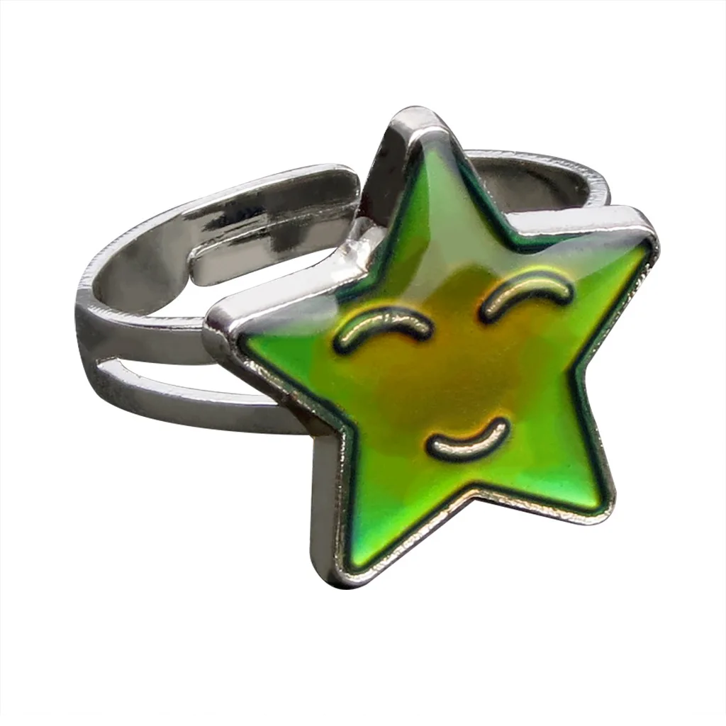 Mood Rings Cute Smile Face Pentagram Star Female Heart Emotional Temperature Discoloration Ring Opening Magic Strange Jewelry