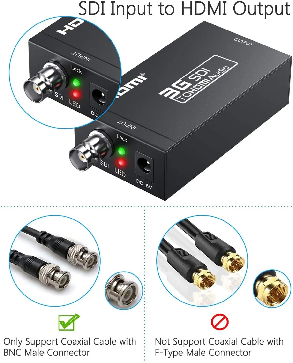 Convertidor de SDI a HDMI, adaptador de Audio y vídeo BNC a HDMI HD 3G SDI a HDMI y DC 5V 1A para Monitor HDTV