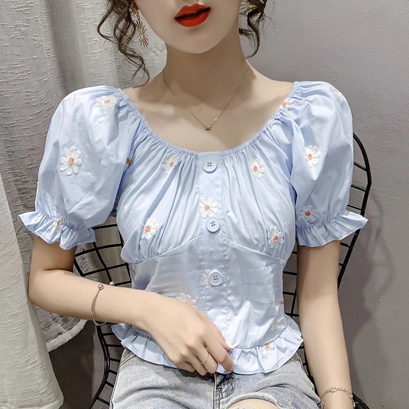 Off Shoulder Tops Flower Heavy Duty Embroidered Women Blouses 2020 Slash Neck Blouse Shirt Casual Elegant Ruffle Chiffon Shirts