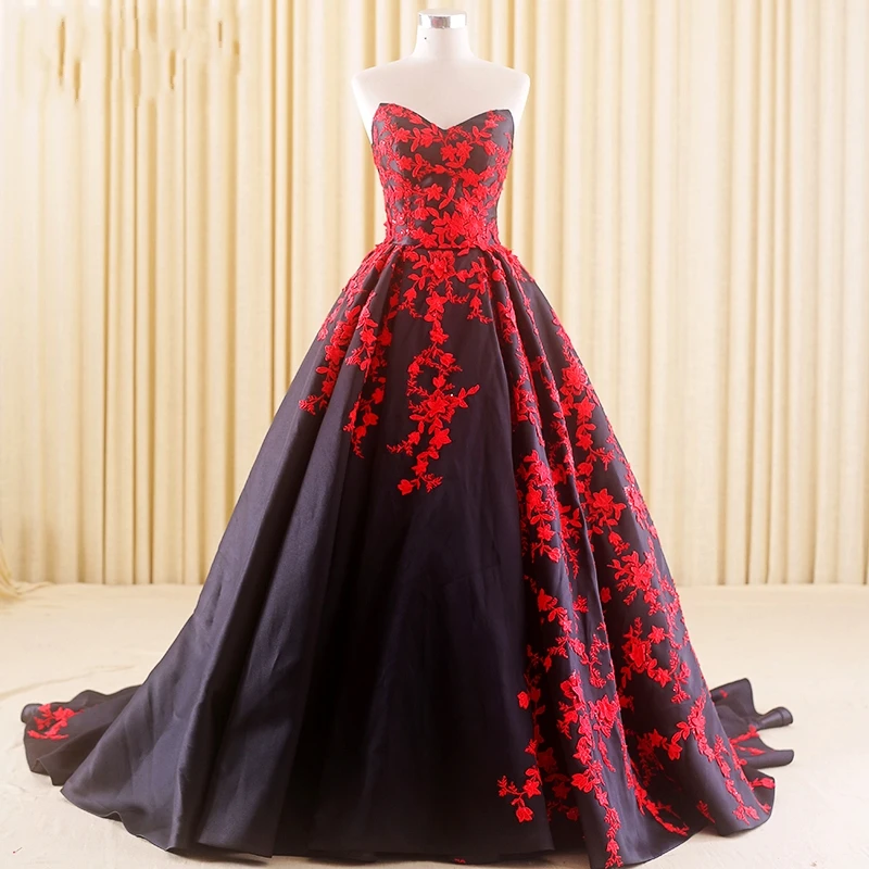 Robe de mariée en satin sans bretelles, robes de mariée noires, train chapelle, dentelle rouge, Accent au dos, patients, quoi que ce soit, 2021