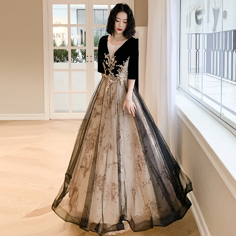 Evening Dress O-Neck Appliques Bling Luxurious Empire Half Sleeves A-Line Pleat Floor-Length New Woman Formal Party Gowns A951