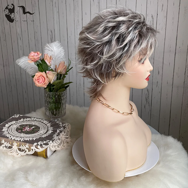 Short Mixed Grey Natural Wave Fluffy Hair Synthetic Wig With Bangs For Women Pixie Cut Natural Wavy Heat Resistant Cosplay Wigs