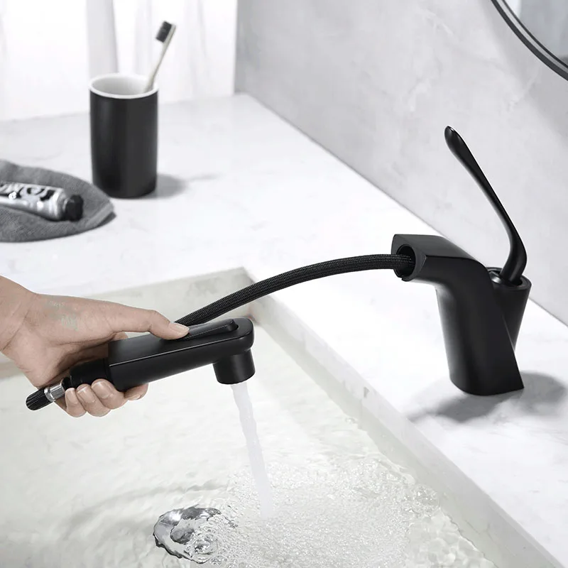 Basin Faucets Chrome/Black Pull out Bathroom Faucet Single Hole Cold and Hot Water Tap Basin Faucet Mixer Taps