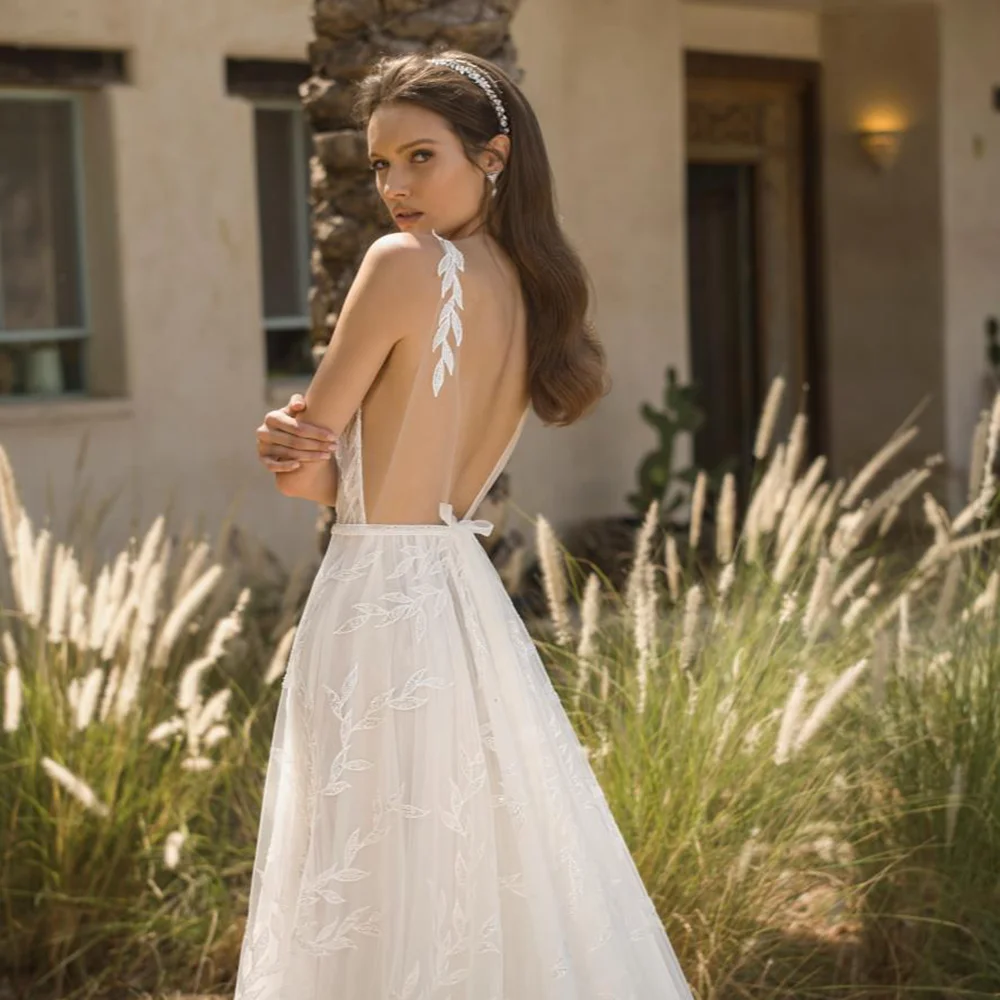 Robe de mariée élégante à dos ouvert, décolleté en V profond, appliques simples en fibre de dentelle, robes éducatives pour les patients de princesse, quelle que soit la taille Plus