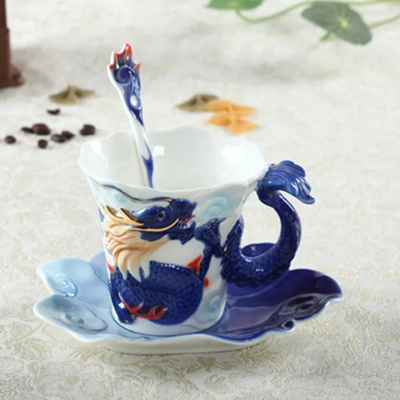 Dragon-Phoenix Coffee Mugs With Saucer Spoon 3D Handmade Porcelain Cups Hot Breakfast Tea Water Bottle Christmas Birthday Gift