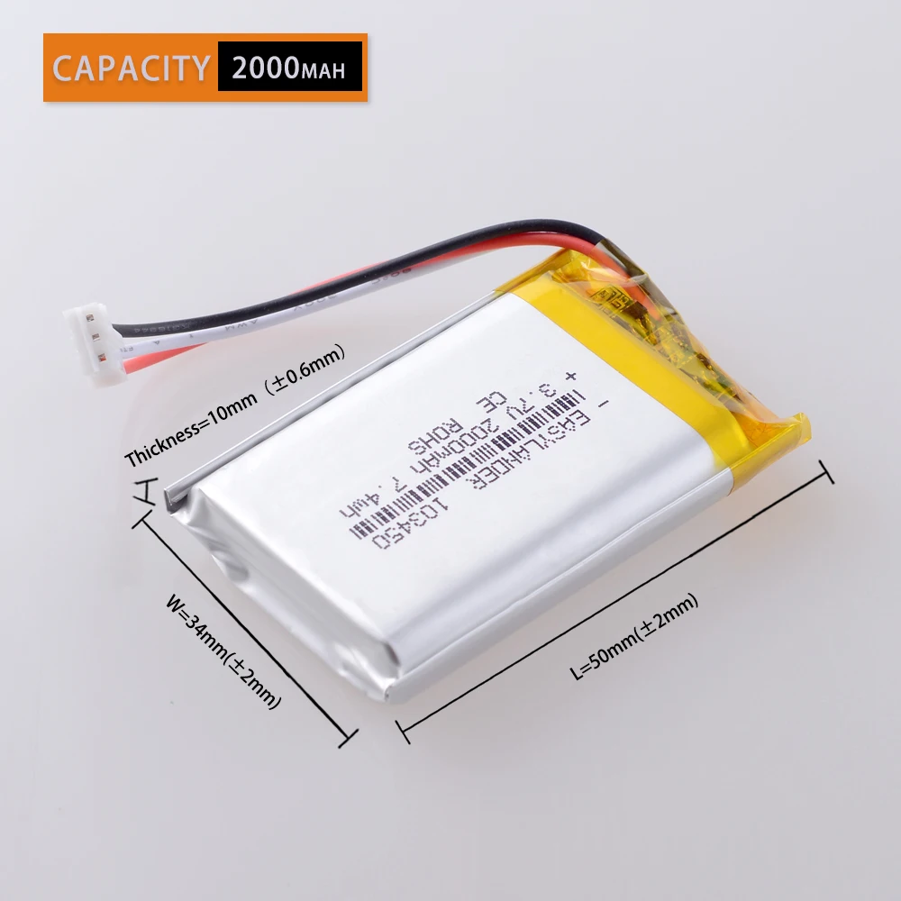 JST 2.0mm 3pin 103450 3.7V 2000mAh Rechargeable Lithium Li-ion Polymer Battery