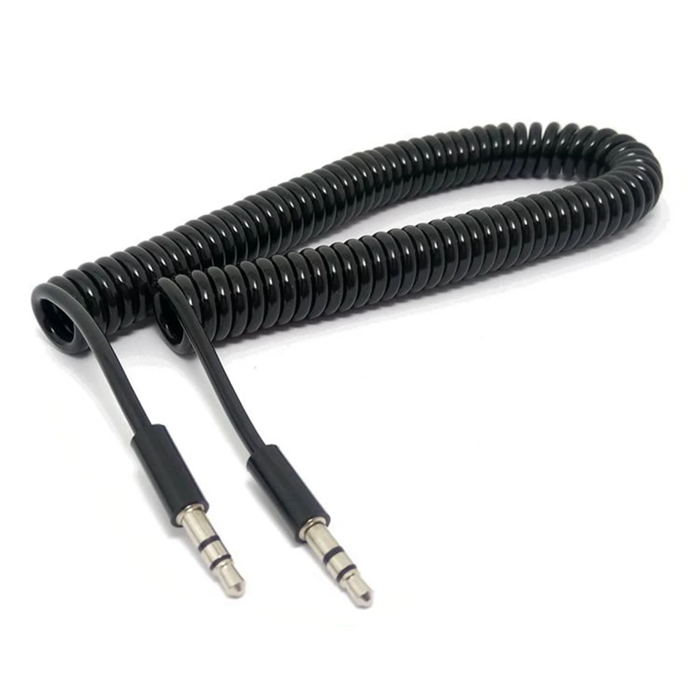 Cabo de áudio macho para macho, fone de ouvido jack preto 3/10tf de 4 polos enrolado com mola 3.5mm, cabo auxiliar de áudio com microfone