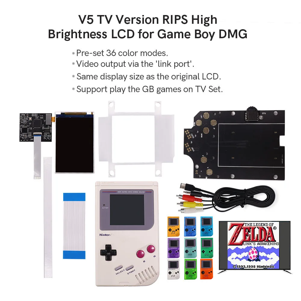 

TV Version V5 OSD RIPS 36 Color LCD Screen Kit &Pre-Cut Housing shell case For Game Boy GBO DMG