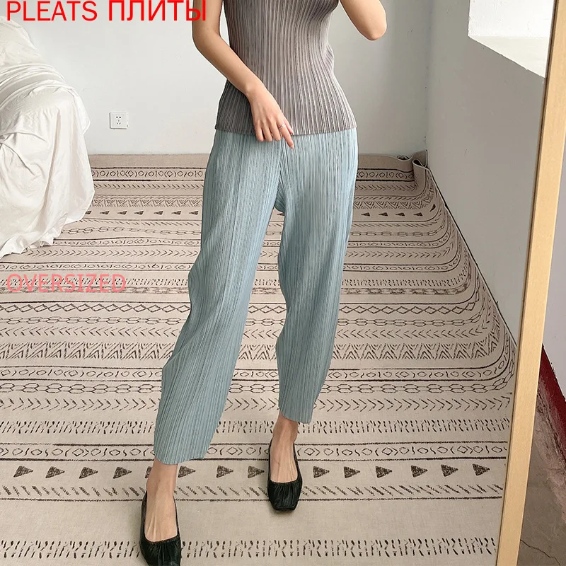 Miyake Fold Straight-Leg Pants for Women Casual High-waisted Cropped Trousers Loose Pants Show Thin Comfortable New Style Summer