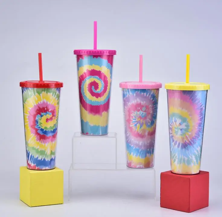 24 oz Tie-dye Tumbler With Lid And Reusable Straw Colorful Double Wall Insulated Travel Mug Cup  SN1218