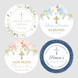 Etiquetas adhesivas para bautizo y bautismo, calcomanías personalizadas con nombre, fecha, texto, primera comunión, marco Floral, fiesta