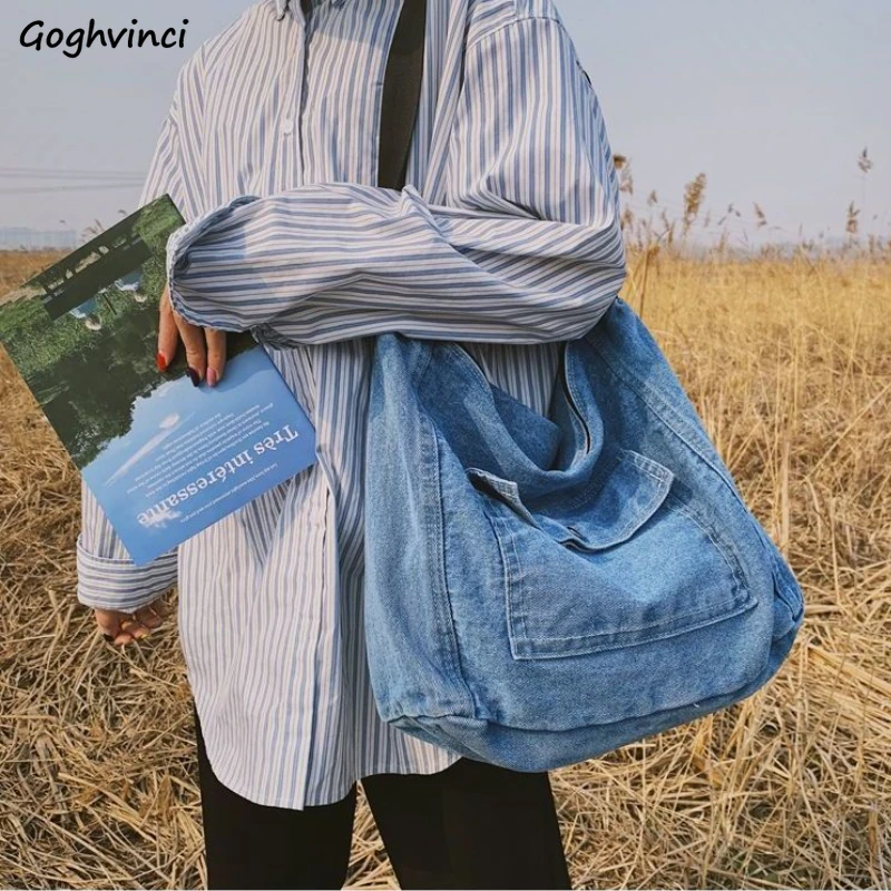 Crossbody Bags Men Denim Big Capacity Washed Vintage Retro Students Schoolbag Travel Casual Harajuku Solid Brief Hip-hop Fashion