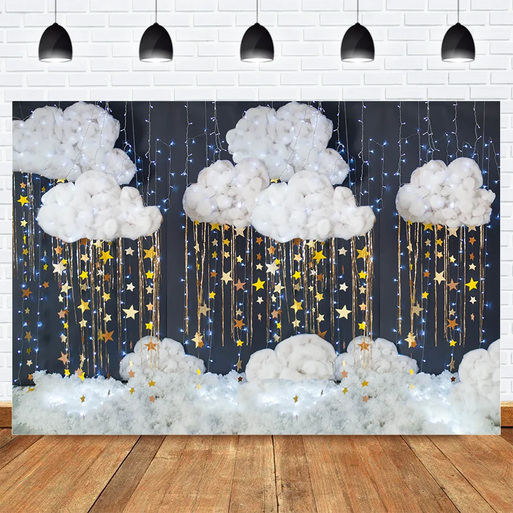 Newborn Portrait Photography Backdrop Photocall Cloud Golden Tassel Stars Shiny Baby Birthday Party Banner Decor Background