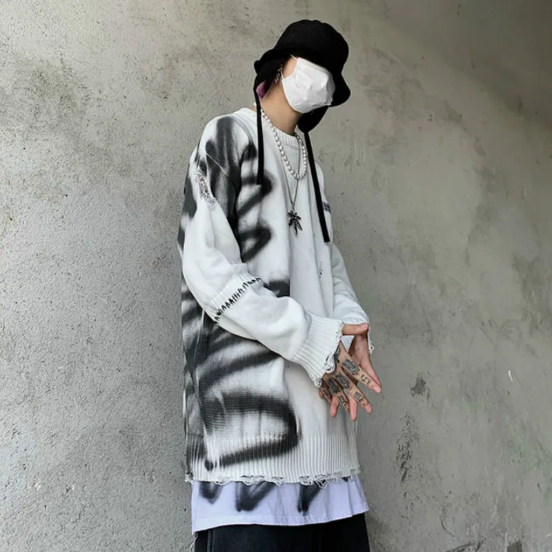 Męskie hip-hopowe zniszczenie zgrywanie otworów Streetwear Graffiti sweter Harajuku Vintage Retro sweter z dzianiny nowy Casual pulower bawełniany