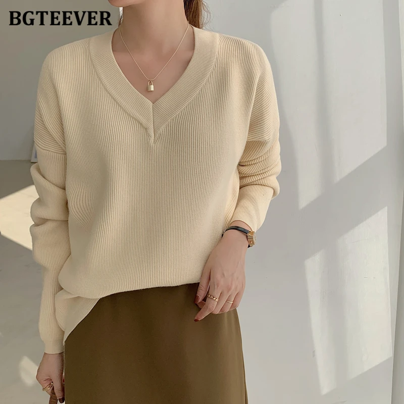 BGTEEVER Elegant V-neck  Knitted Women Sweaters Full Sleeve Loose Female Pullovers Jumpers Autumn Winter Thick Ladies Knitwear