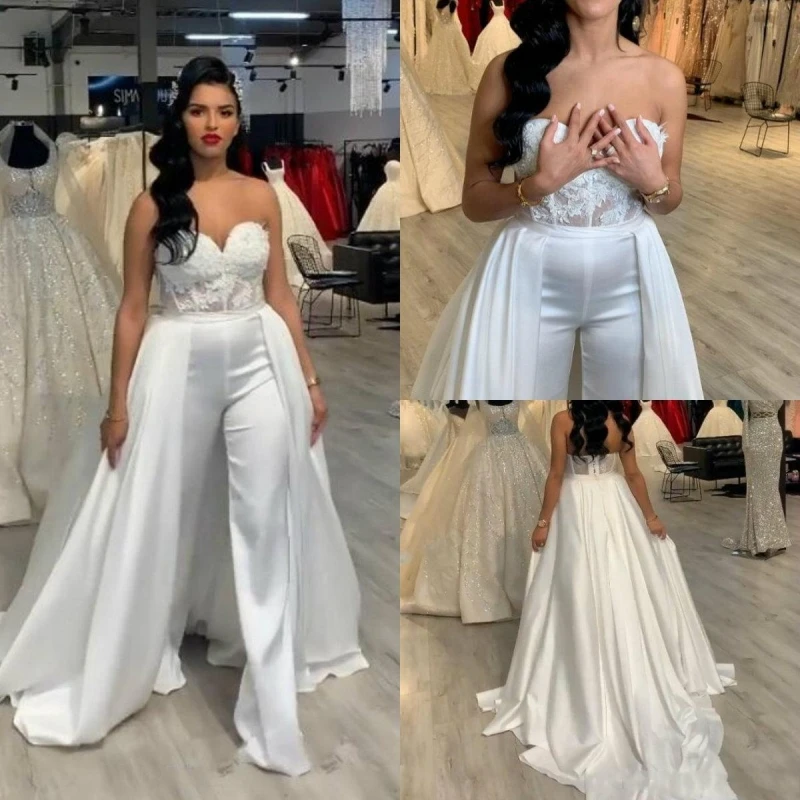 2024 New Women Jumpsuits Wedding Dresses Pant Suits Removable Skirt Long Formal Party Gowns Applique Lace abiye Bridal Gowns