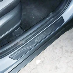 For Hyundai KONA EV Accessory 2024 2023-2017 Carbon Stainless Car Door Sill Kick Scuff Plate Protector Trim Cover Guard Pedal