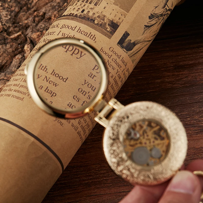 Luxury Gold Mechanical Pocket Stand on Table Fob Chain Display Pendant Watches Roman Numeral Skeleton Men Clock With Gift Box