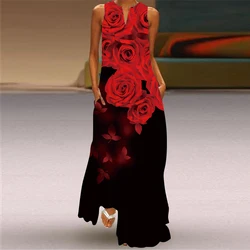 2024 Sleeveless Red Black Rose Dress Summer Beach Casual Elegant Breathable Long Dresses Woman V Neck Rose Print Women's Dress