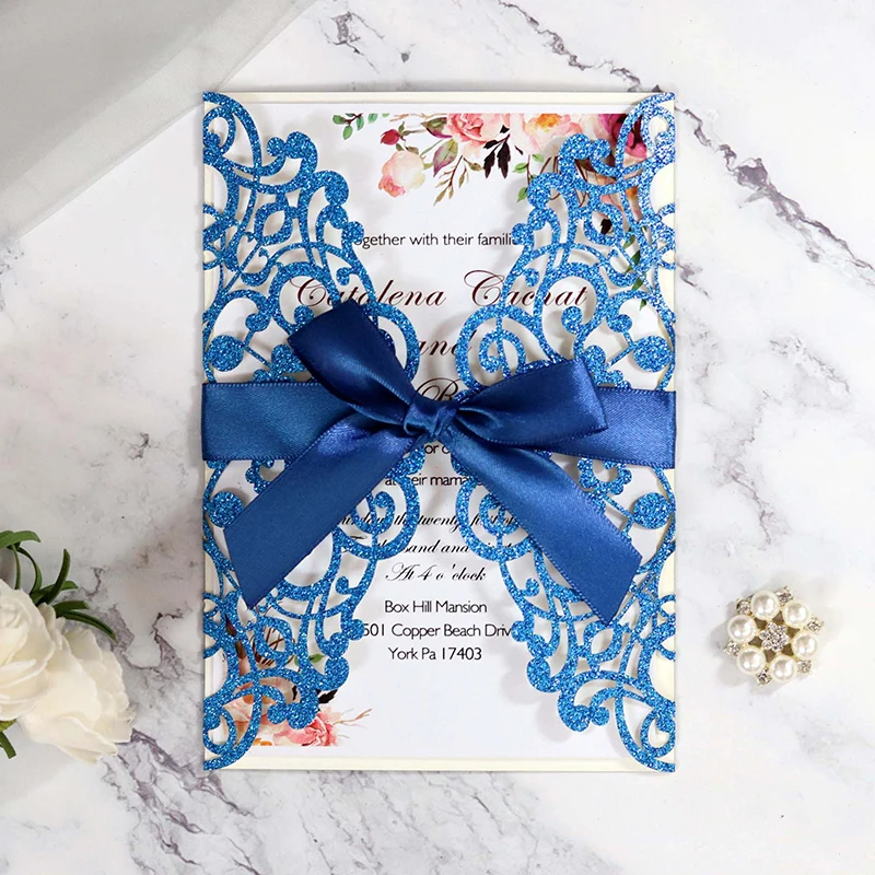 50pcs Laser Cut Wedding Invitation Card Glitter Paper Greeting Cards With Ribbon Customized Party Wedding Decoration