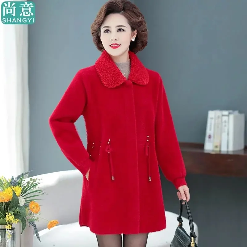 Women's Spring Autumn And Winter Clothes Long Mink Coat Middle-Aged Mother's Warm And Thick Woolen Coat Shirring Coat Female