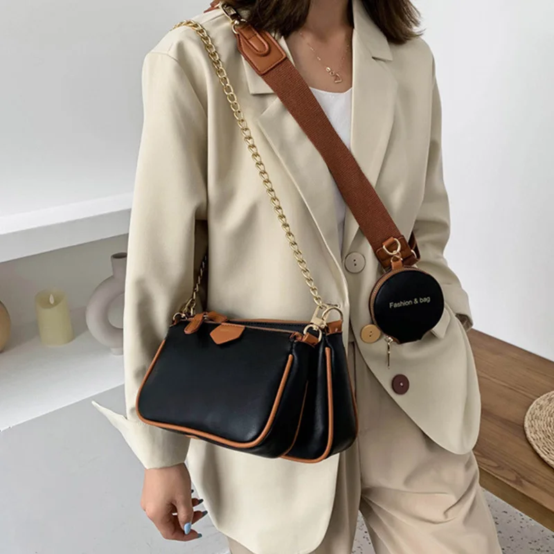 Fashion Chains Women Shoulder Bags Designer Wide Strap Messenger Bags Luxury PU Leather Crossbody Bag Lady Small Purse 3 Bag Set