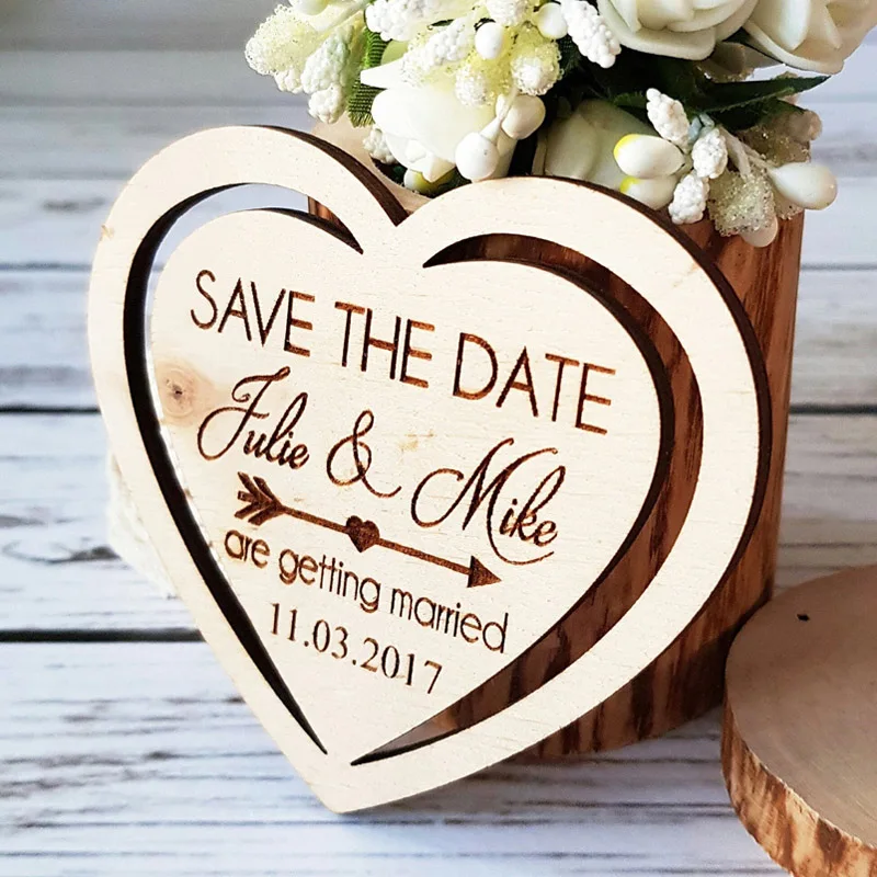 Personalized Wooden Fridge Magnet for Wedding Invitation,Heart Save The Date Wedding Tags, Save The Date Wooden Thank You Gift