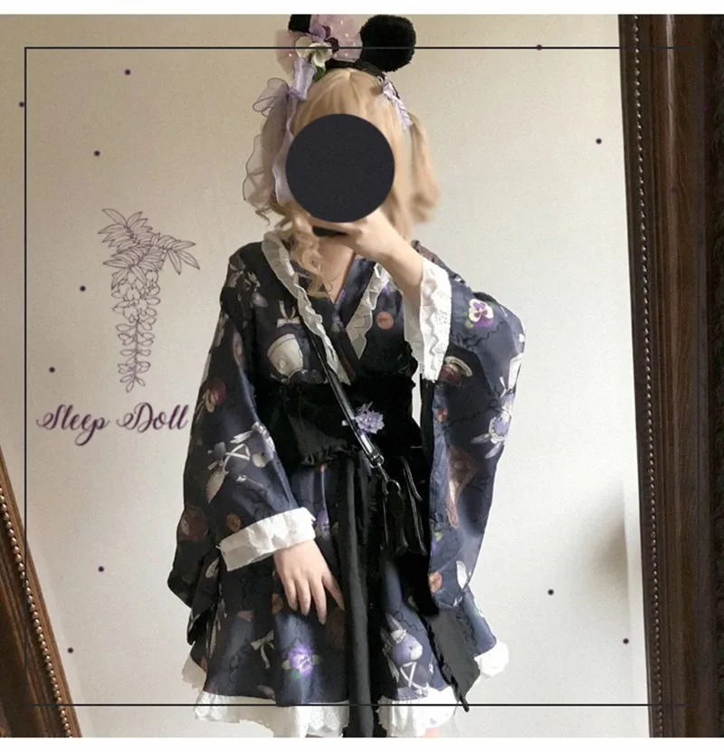 Styl Preppy uczeń Hanfu retro słodki lolita zestaw sukienka + pas wiktoriański druk kawaii dziewczyna loli cos gothic lolita kimono