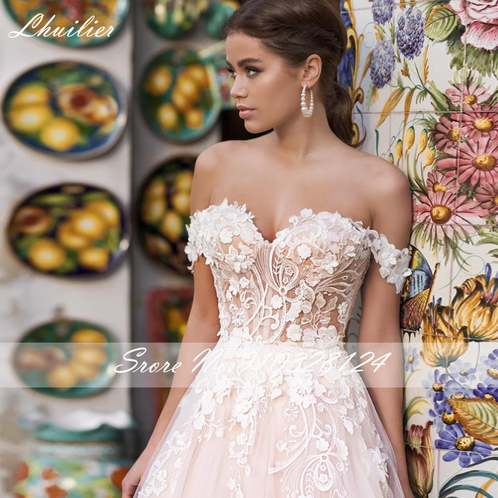 Lhuilier-vestidos de novia personalizados con hombros descubiertos, corte en A, largo hasta el suelo, Apliques de encaje, cola de corte, vestido de novia con flores