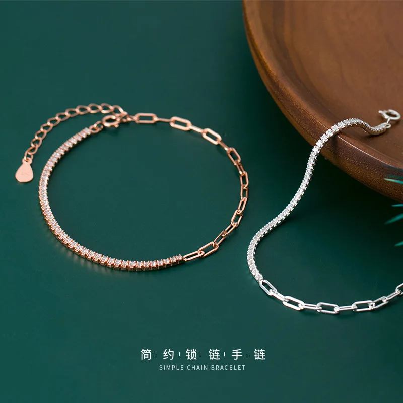 S925 Silver Women's Korean-Style Simple Elegant Gang Drill Chain Bracelet Exquisite Asymmetric Hand Jewelry