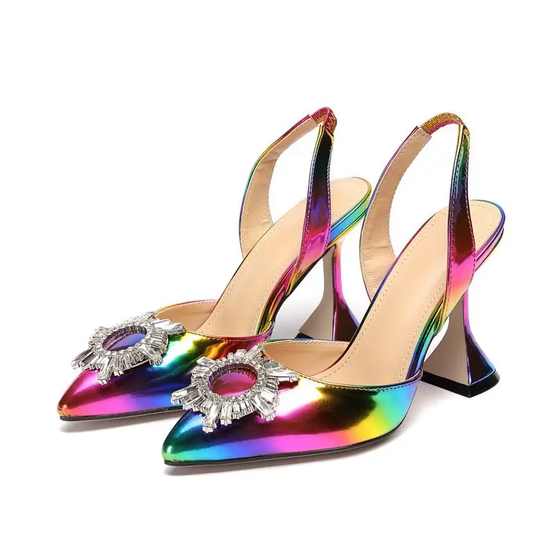 Rainbow Color Women Sandals Pointed Toe Sun Style Rhinestone High Heels Weeding Shoes Spike Heel Slingback Pumps dfv567