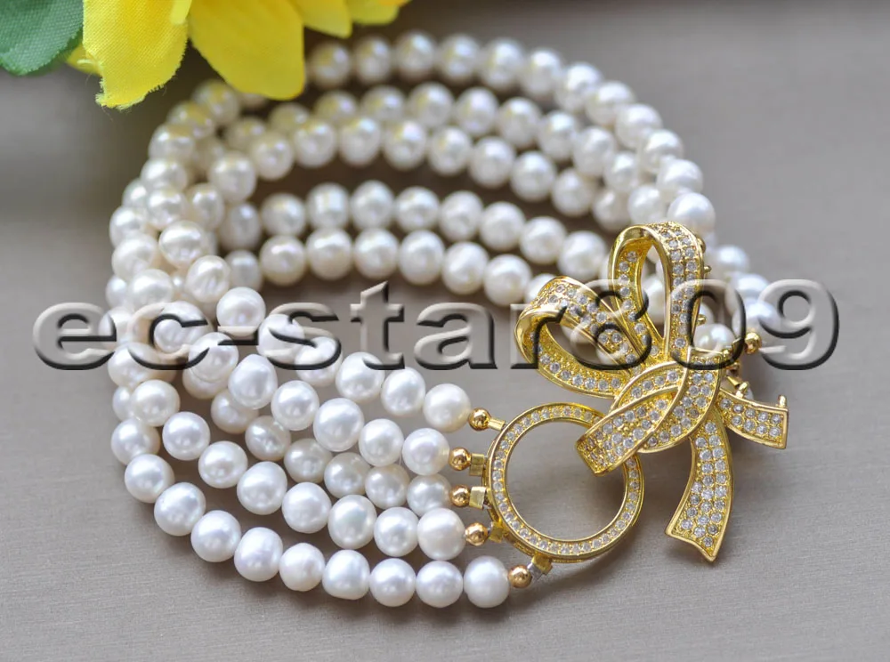 

MCT·STAR Z10138 Shine 5Row 8" 7mm White Round Freshwater Pearl Bracelet CZ