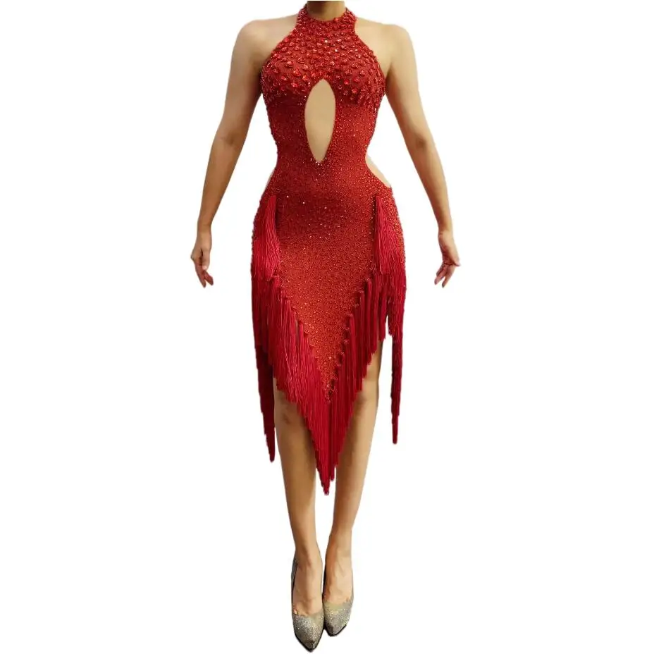 

New Women Sexy Stage Red Sparkly Crystals Latin Dress Evening Birthday Celebrate Wedding Sexy Tassel Dresses Dance Dress