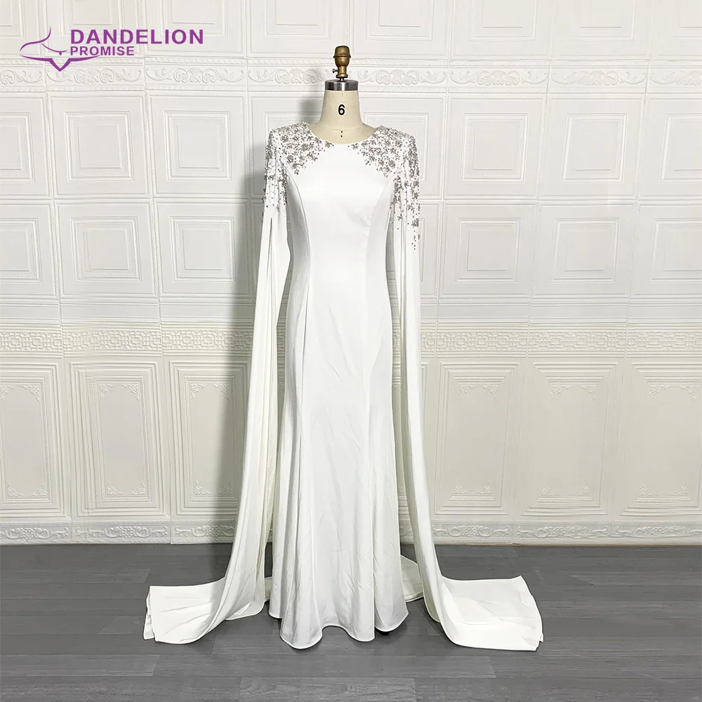 Dubai Elegant White Mermaid Muslim Evening Dress For Women 2021 Beading Cape Long Sleeves Formal Party Gowns