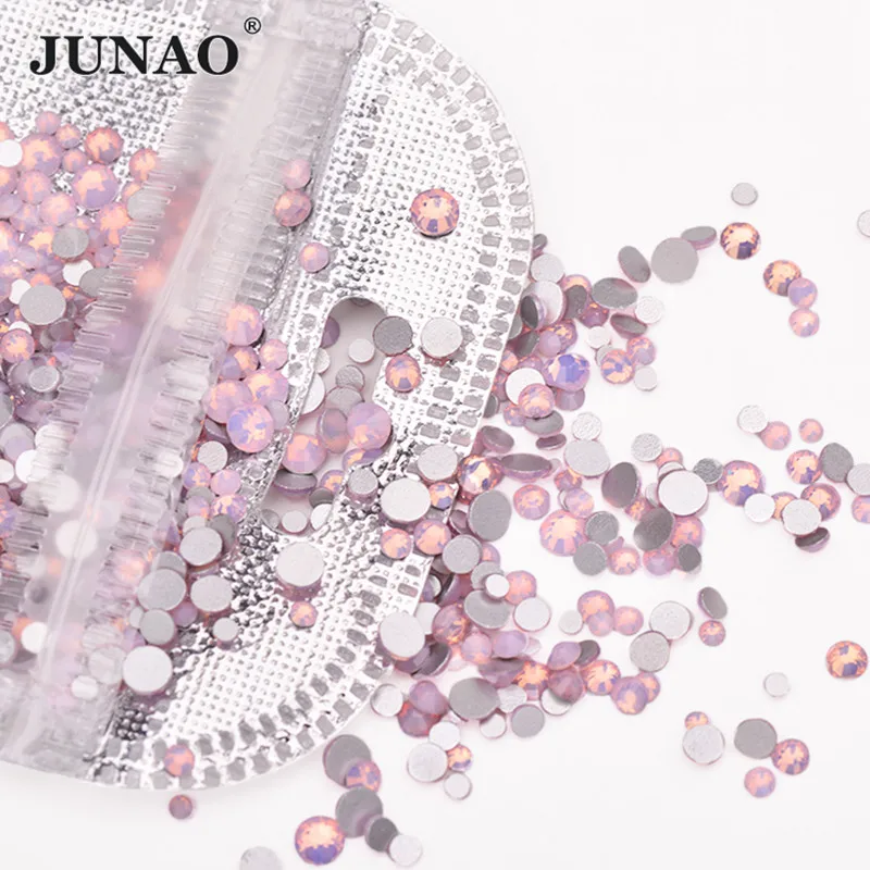 JUNAO Mix Size Pink Opal Crystal Nail Rhinestones Beads Flatback Round Gems Strass Glue on Nail Stone Sticker For Nail Crafts