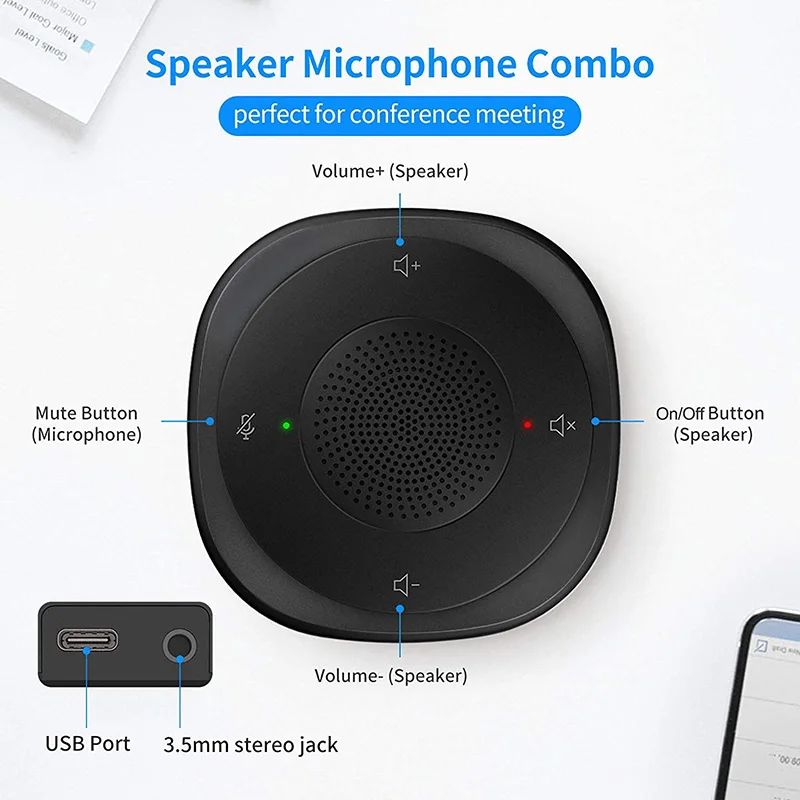 USB Conference Speaker Microphone Omnidirectional Condenser Computer Mic Mute/Volume Function For Laptop Notebook with Speaker