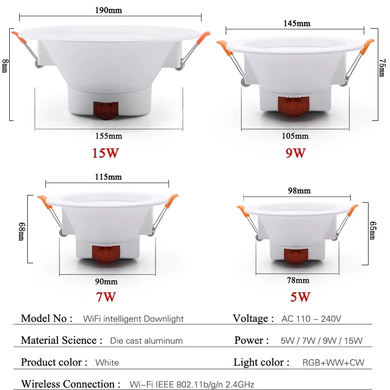 LED Downlight WiFi TUYA Smart Life Dimming Spot Bluetooth lamp 7W 9W 15W RGB Change Warm Cool light Work with Alexa Google Home