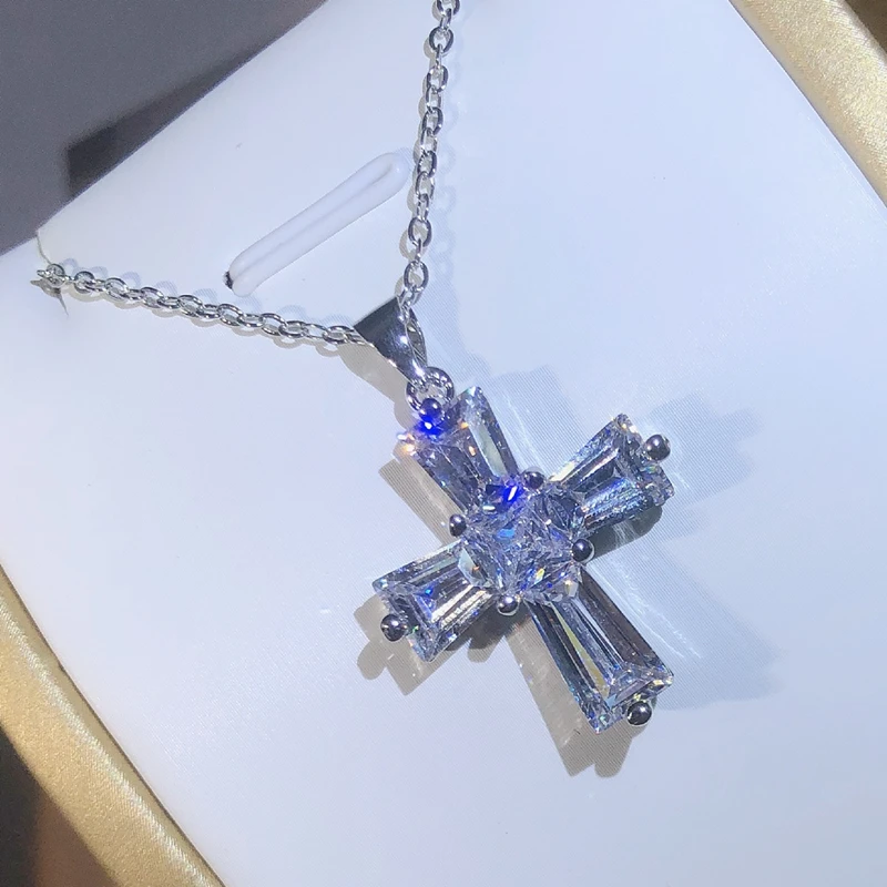 925 Sterling Silver Delicate Dazzling Clear Cubic Zirconia Cross Pendant Necklace For Women Necklace Wedding Luxury Jewelry