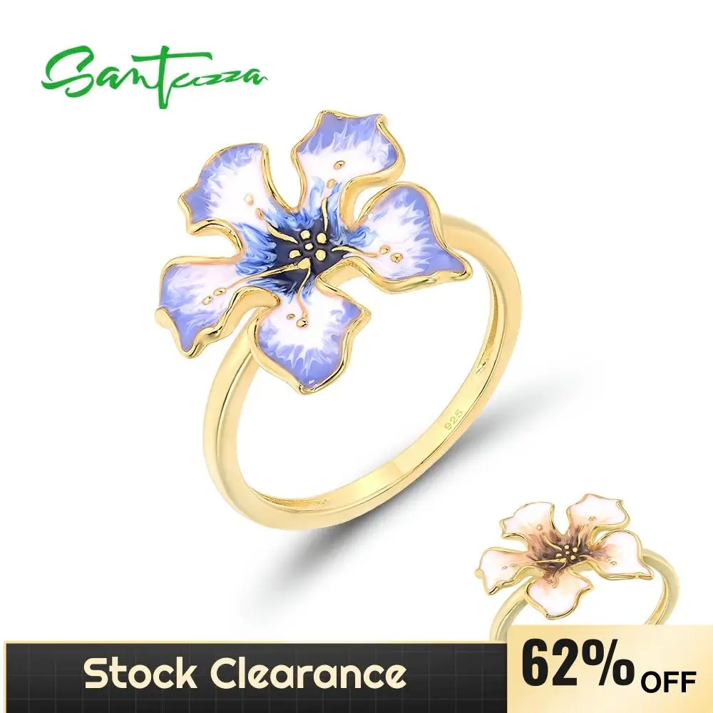 SANTUZZA Genuine 925 Sterling Silver Rings For Women Gold Color Delicate Blue Yellow Flower Party Fine Jewelry Handmade Enamel