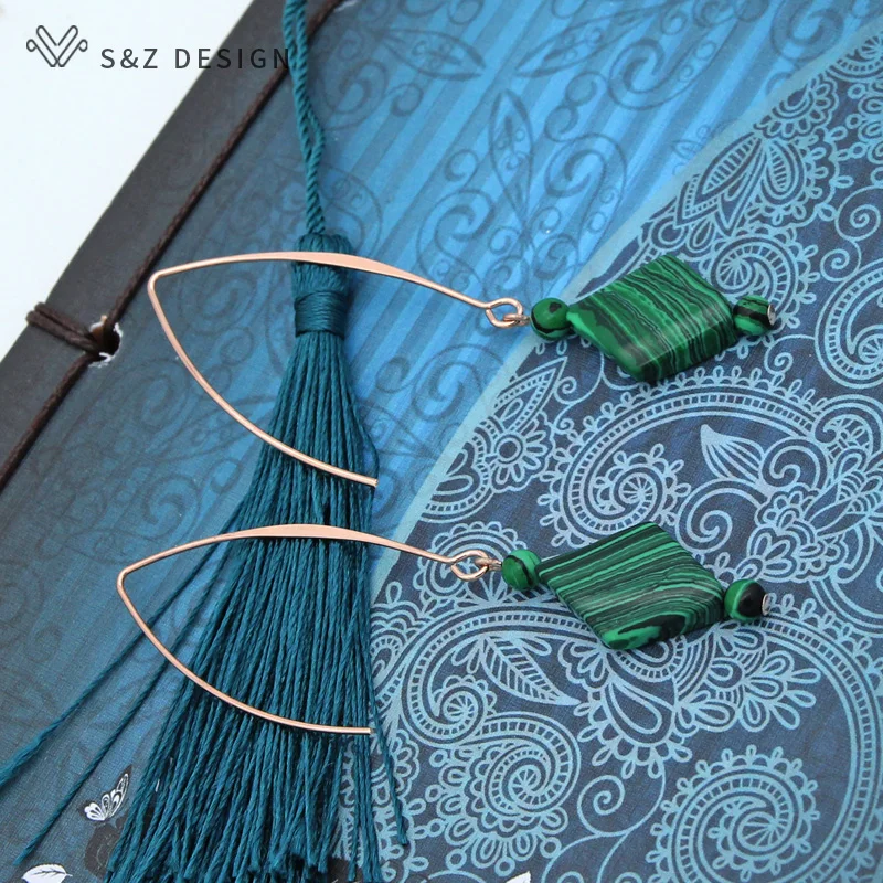 S&Z DESIGN New Long Prismatic Natural Malachite Dangle Earrings Vintage 585 Rose Gold Color Eardrop For Women Wedding Jewelry