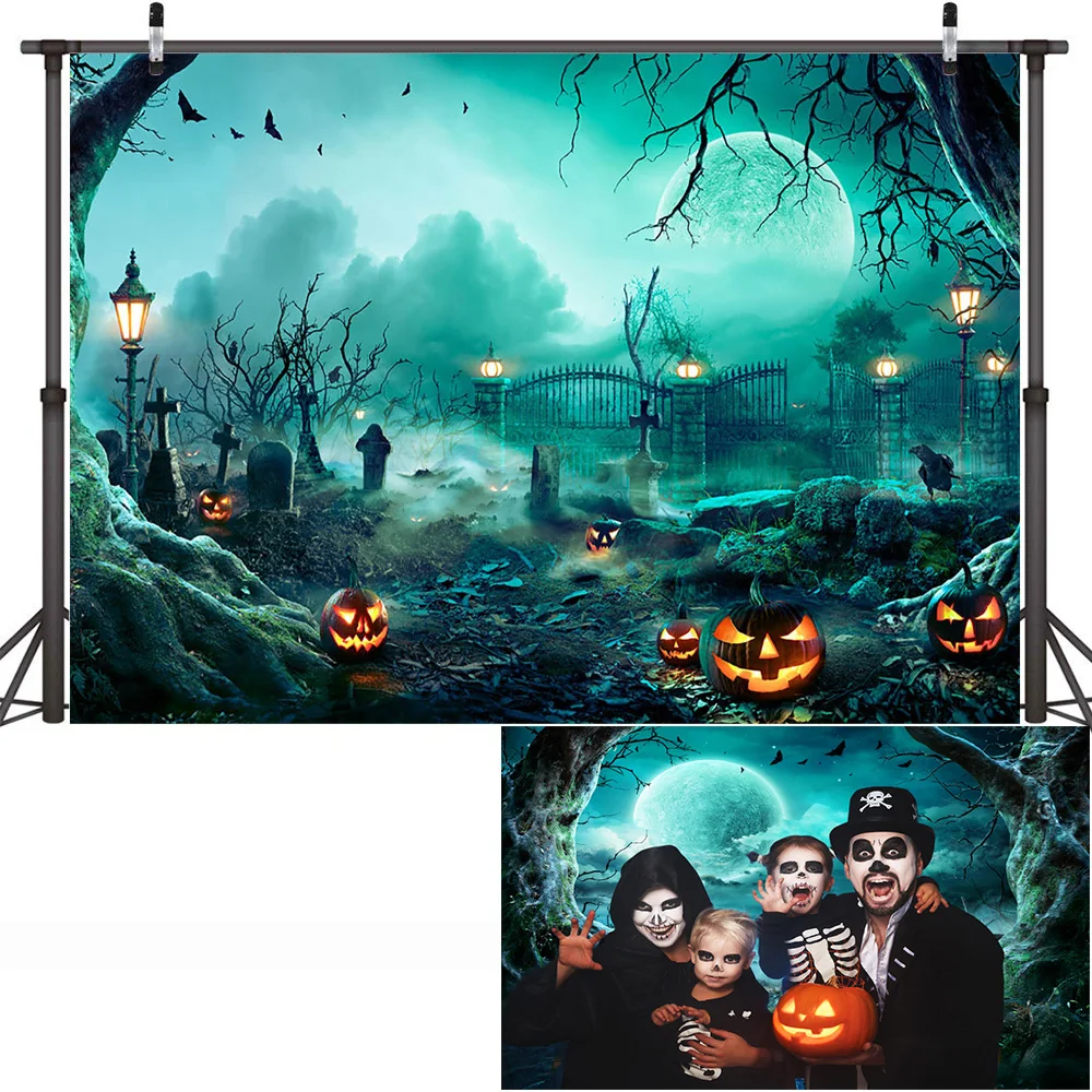 Halloween Photo Backdrop Pumpkin Lantern Scary Night Full Moon Photography Background Halloween Family Party Portrait Photoshoot