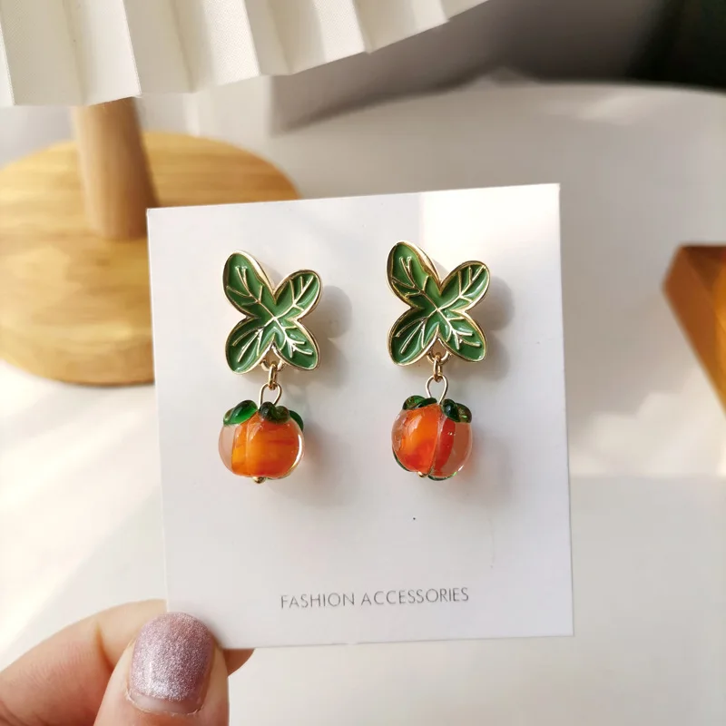 Korean Style Persimmon Lucky Pastoral Glass Cherry Clip Earrings Summer Fruit Orange Clip Earrings No Piercing Girl Ear Jewelry