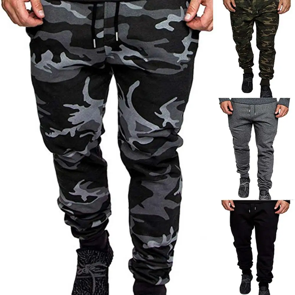 Calças esportivas camufladas masculinas, bolsos de cordão, cós elástico, calças de corrida de ginástica, cor monocromática