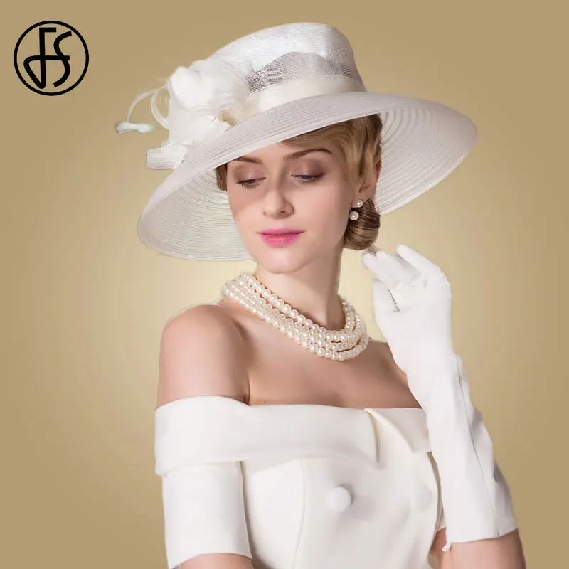 FS fascynatory białe wesela Sinamay kapelusz dla kobiet kapelusze z szerokim rondem Fedora Vintage Ladies sukienka do kościoła Derby kapelusze