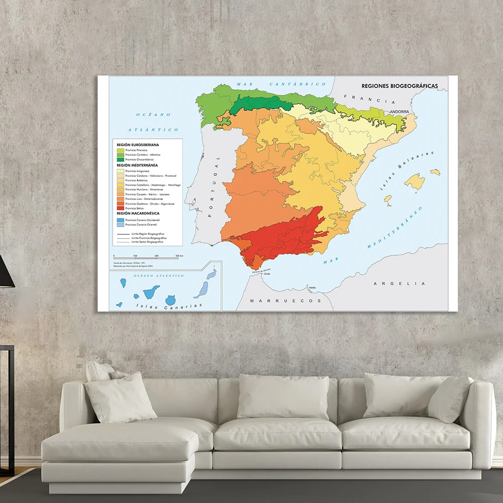 225*150cm o mapa de distribuição da região de espanha (em espanhol) não-tecido lona pintura parede arte cartaz casa decoração material escolar