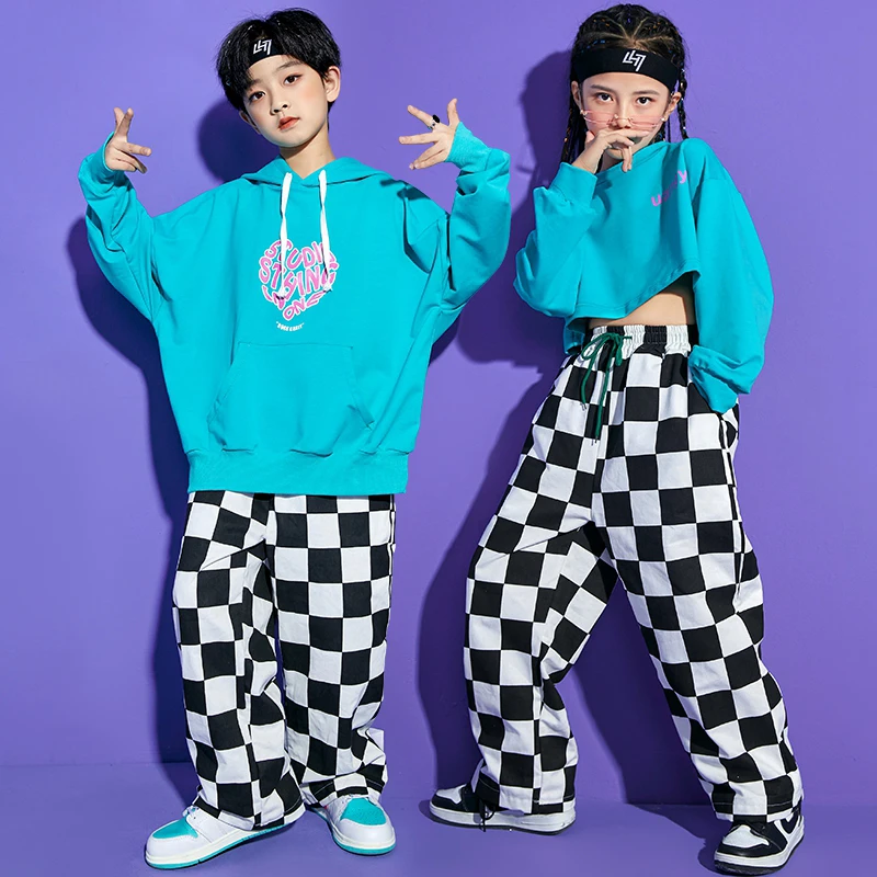 Jazz Dance Clothes Girls Hip Hop Boys Costume Long Sleeves Hoodies Chessboard Pants Street Dance Ballroom Practice Wear BL7560